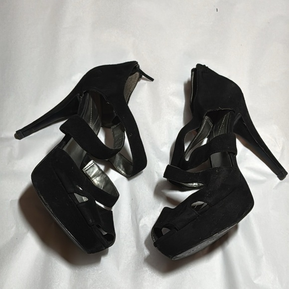 Guess black suede‎ high heels sandals open toe platform Sz 9 1/2 - Picture 6 of 9